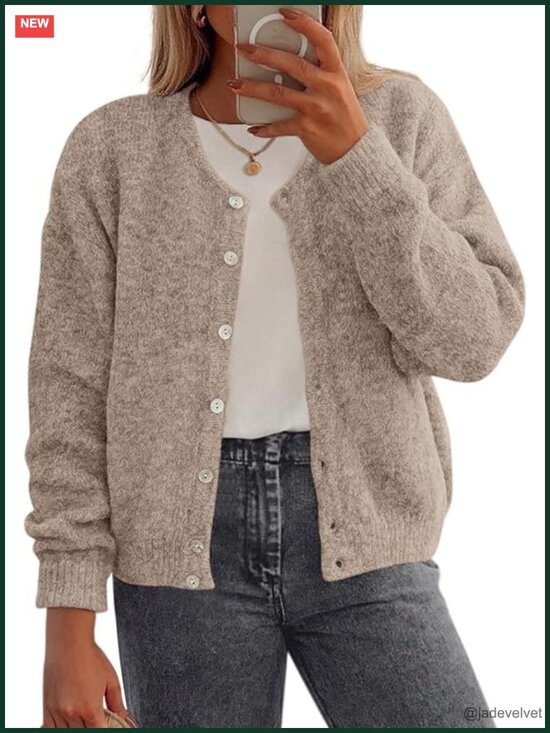 Sweaters - Lightweight Button Down Crewneck Loose Knit Cardigan Sweater